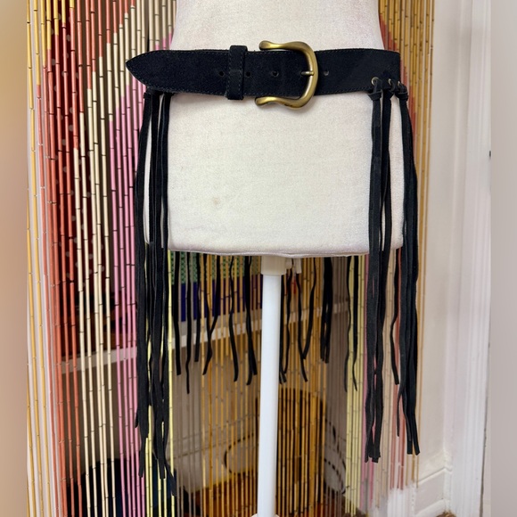 Berge Black Suede Long Fringe Waist Belt - Picture 1 of 8